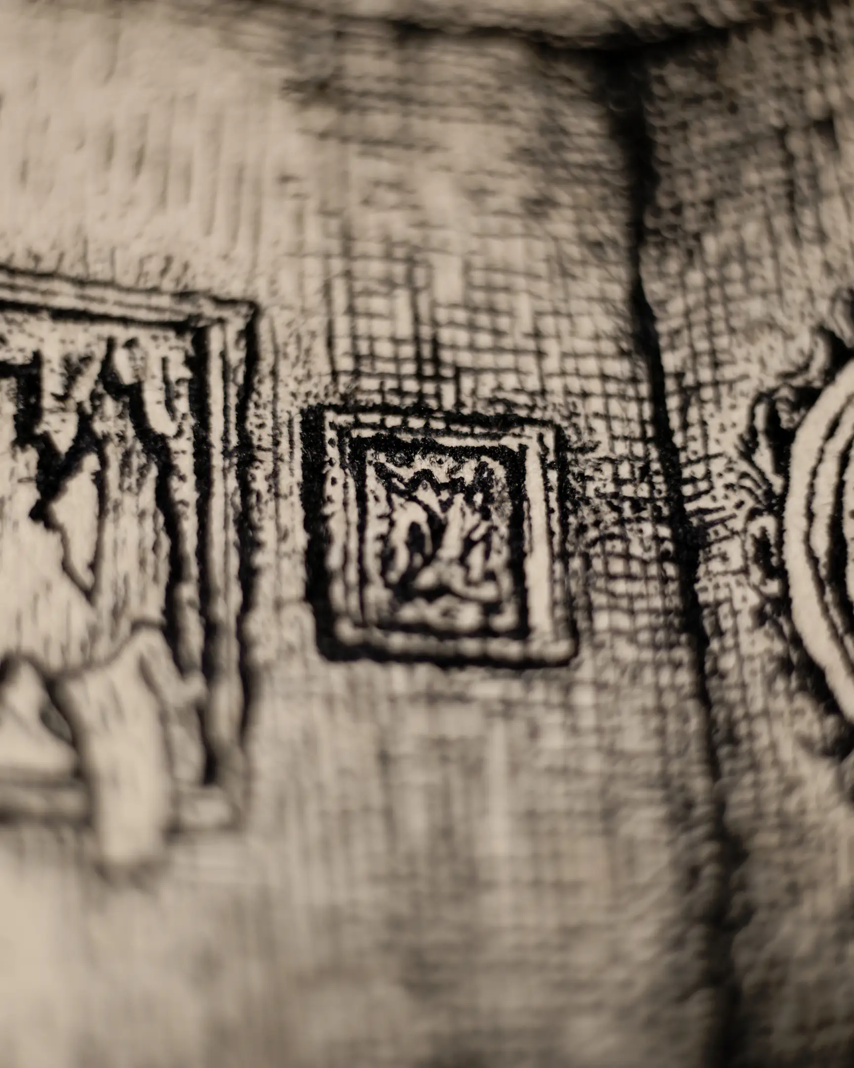 This angle captures the architectural depth of the piece. The meticulous repetition of ink lines creates a "wallpaper" effect that anchors the smaller framed subjects, showcasing the artist's dedication to building a complete, immersive historical environment.