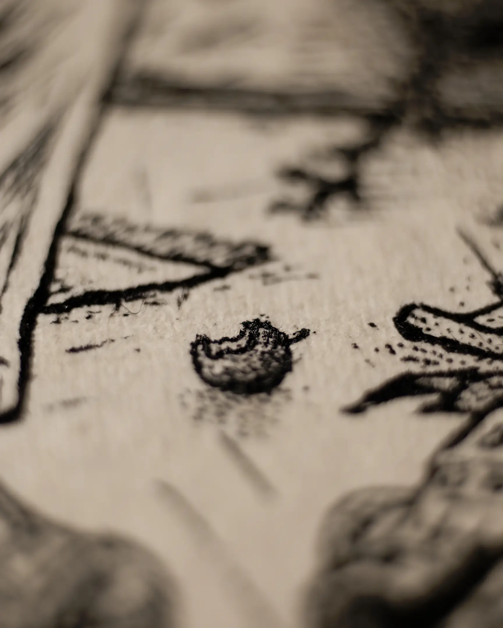 This perspective showcases the raw beauty of the materials. By focusing on a single, bitten-like shape, the artist emphasizes the importance of negative space. The high contrast of the ink against the cream-colored, age-worn fibers of the paper creates a sense of timelessness and stillness.