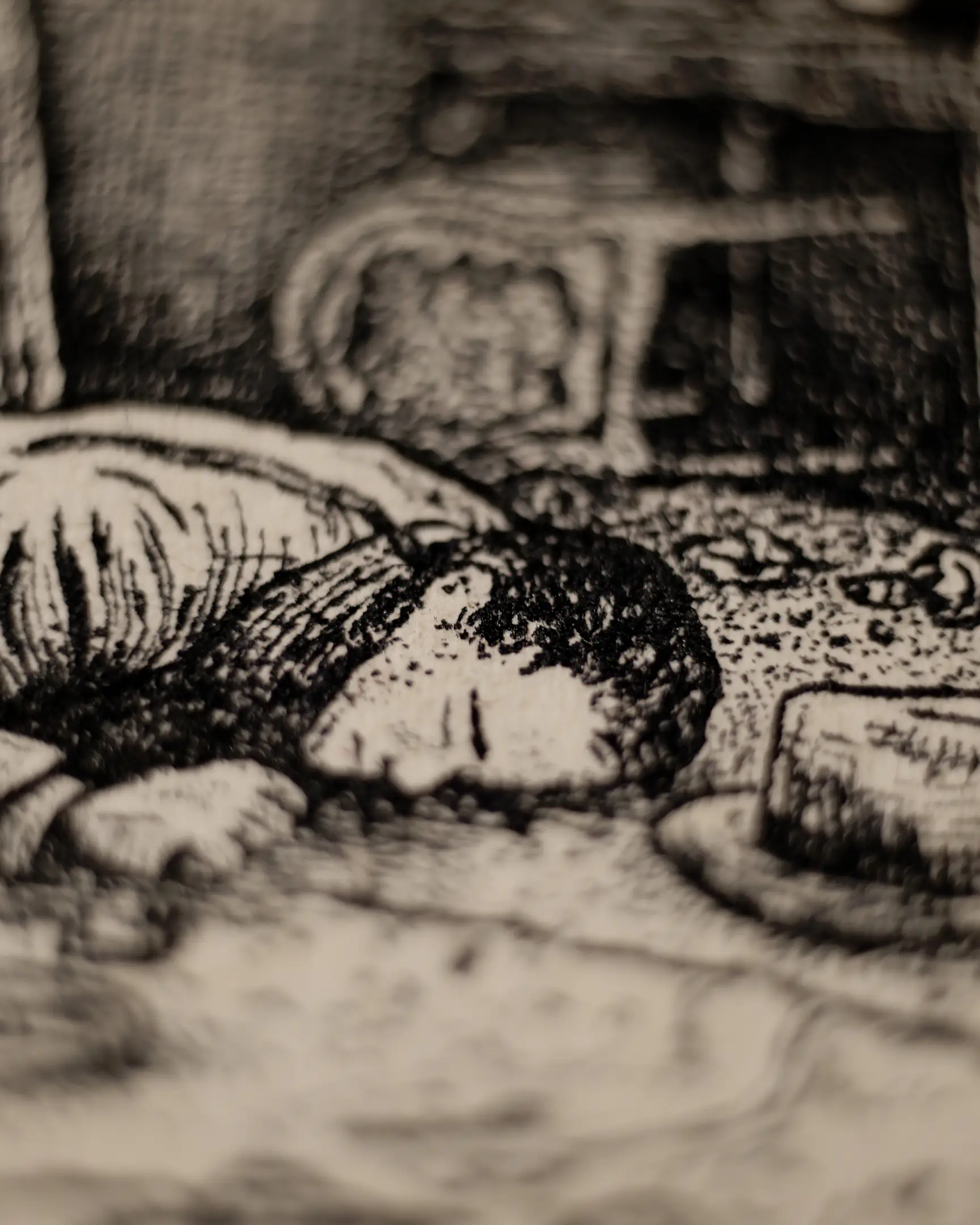This close-up highlights the artist's command over figurative form and texture. By utilizing traditional dip pen techniques, the transition between the subject and the background creates a sense of depth and quietude, characteristic of classical academic realism.
