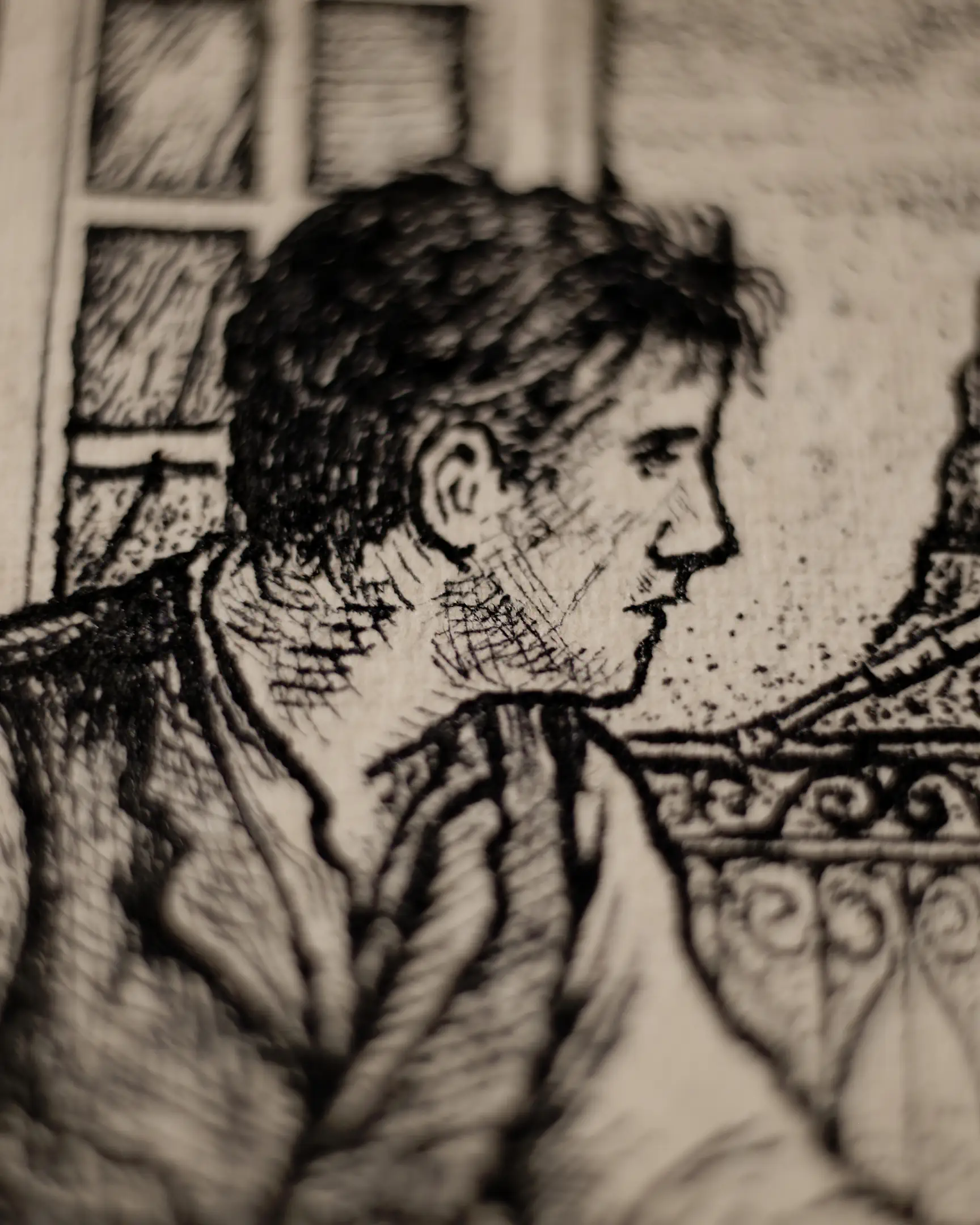 This detail focuses on the psychological depth of the subject. The artist utilizes sophisticated cross-hatching to define the anatomical structure of the face, while the varying pressure of the dip pen creates a lifelike texture in the hair. The composition reflects the somber and refined atmosphere of late 19th-century European realism.