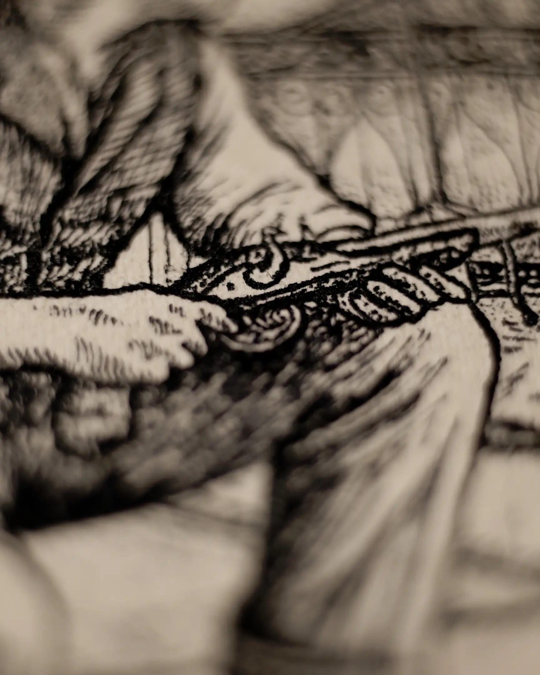 This detail emphasizes the connection between the subject and historical artifacts. The meticulous stippling on the hands and the ornate patterns on the pistol’s lock demonstrate the artist's dedication to sartorial and material authenticity from the "Long 19th Century."