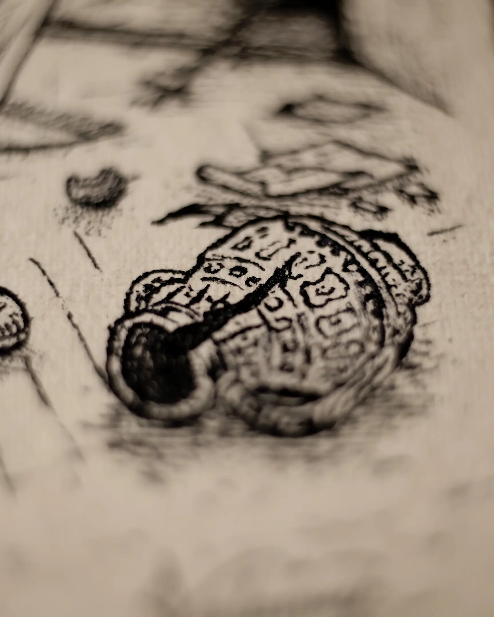 This detail focuses on a fallen vessel, representing the fragility of historical remnants. The artist uses precise circular hatching to create volume and shadow, emphasizing the craftsmanship and historical weight of the object within the narrative.