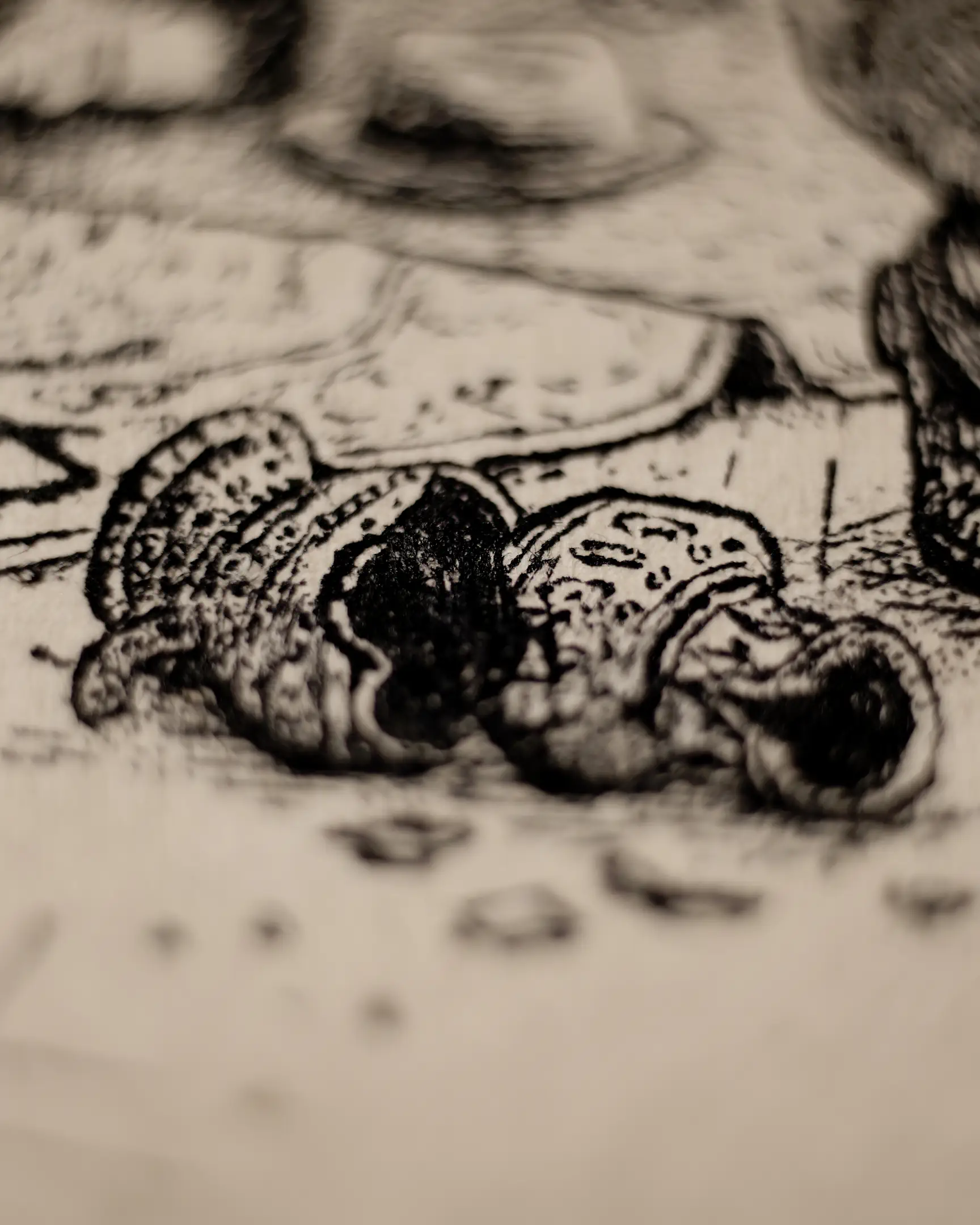 This detail serves as a powerful metaphor for loss and the passage of time. The artist captures the jagged edges and hollow interior of the broken vase using deep, layered iron gall ink, contrasting with the delicate stippling of the debris around it.