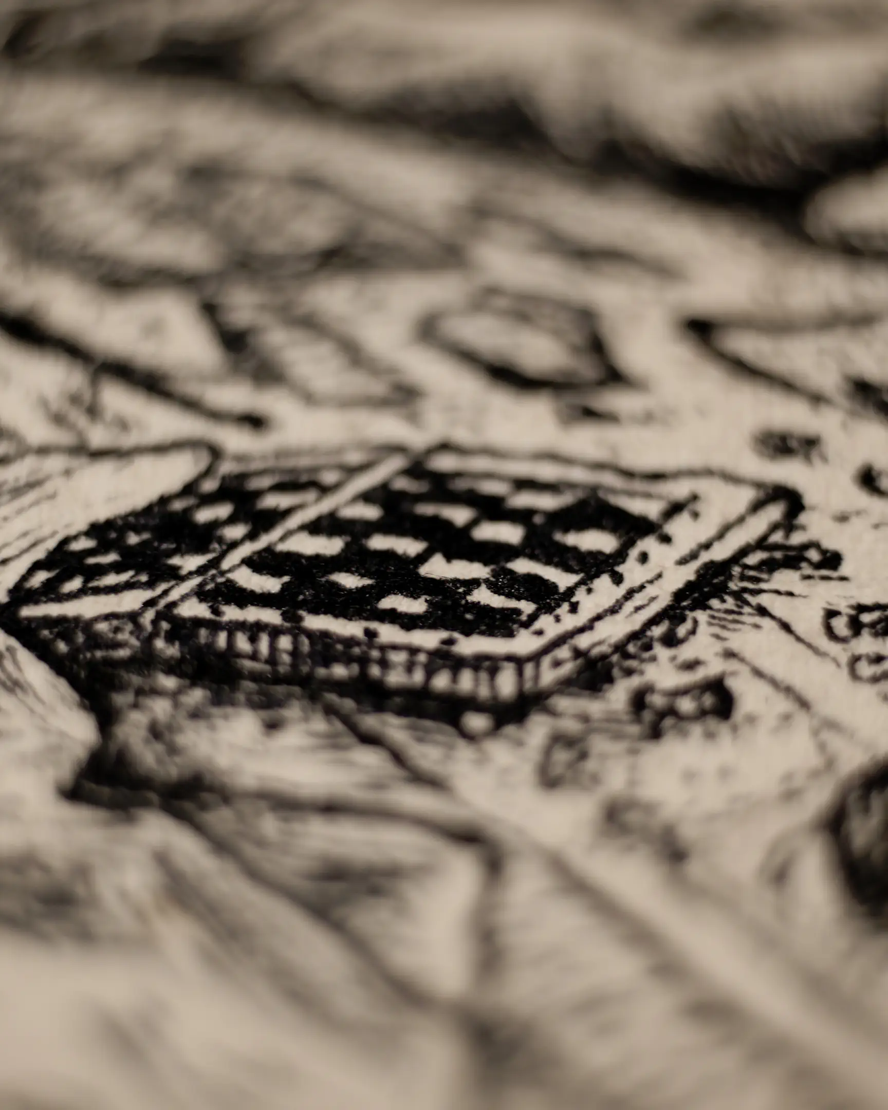 This detail introduces a theme of intellectual pursuit and strategic stillness. The stark contrast of the checkered pattern, created with dense iron gall ink, serves as a focal point against the more fluid, organic textures of the surroundings, reflecting the structured social etiquette of the 19th century.
