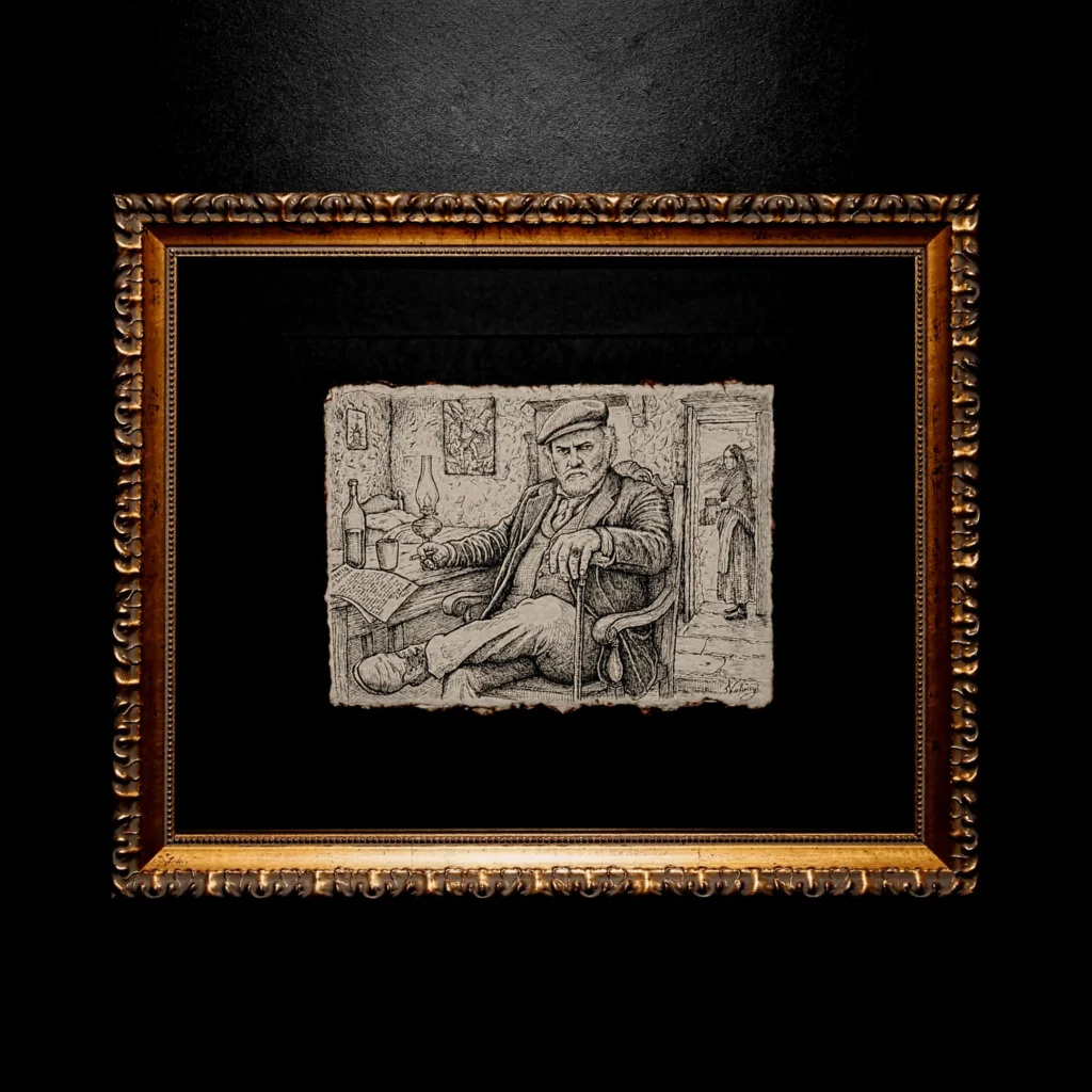 Ink drawing titled "Pane Nero" (Black Bread) by artist Vselenskyi, framed in an ornate gold frame against a black background. The artwork depicts an elderly man in a flat cap sitting at a table in a 19th-century interior.