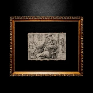 Ink drawing titled "Pane Nero" (Black Bread) by artist Vselenskyi, framed in an ornate gold frame against a black background. The artwork depicts an elderly man in a flat cap sitting at a table in a 19th-century interior.